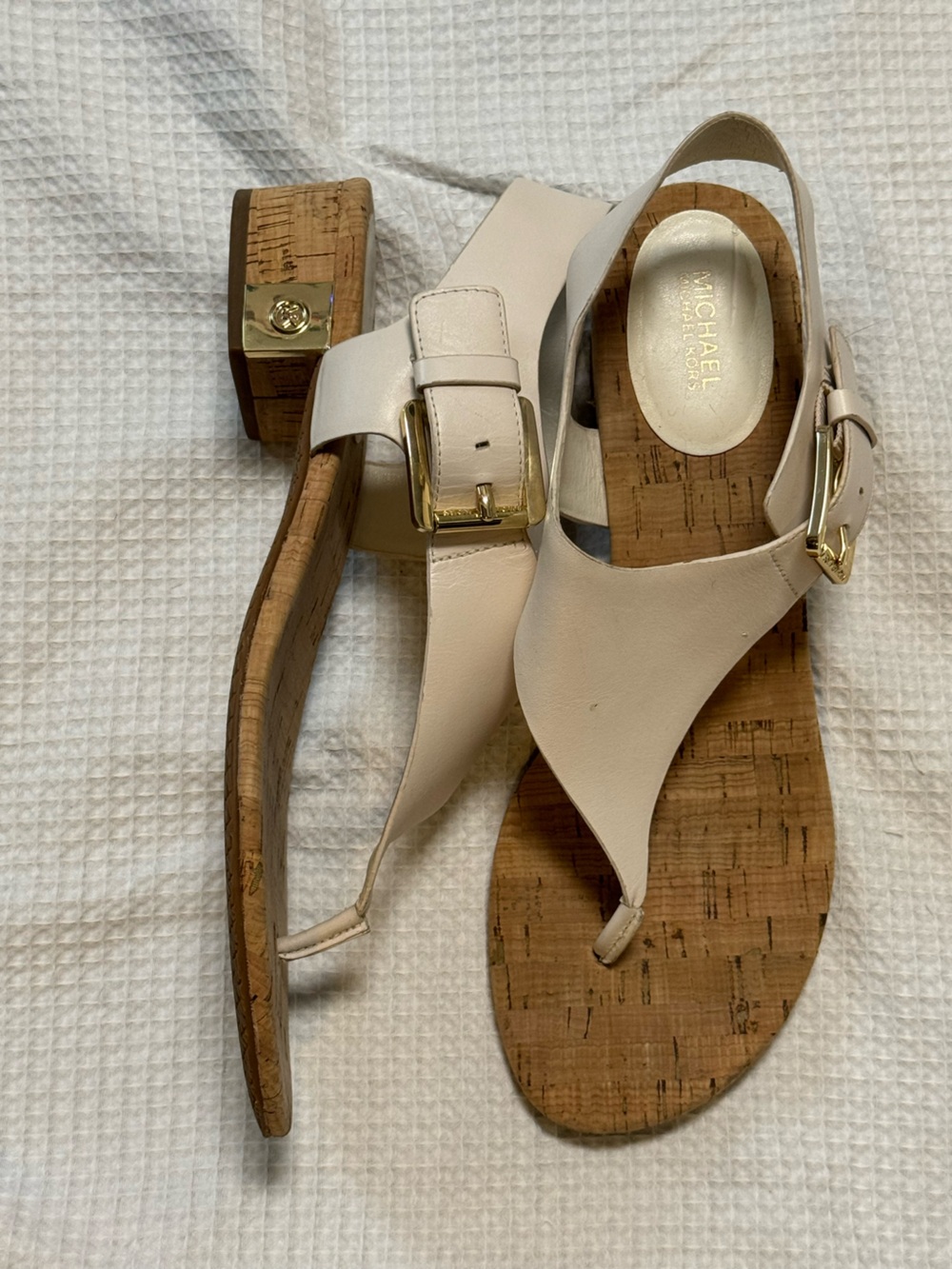 Michael Kors Cream Leather Cork Thong Block Heel Sandals